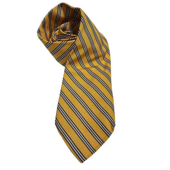 Brooks Brothers Cotton Silk Neck Tie Navy Yellow  Stripe - Picture 1 of 5